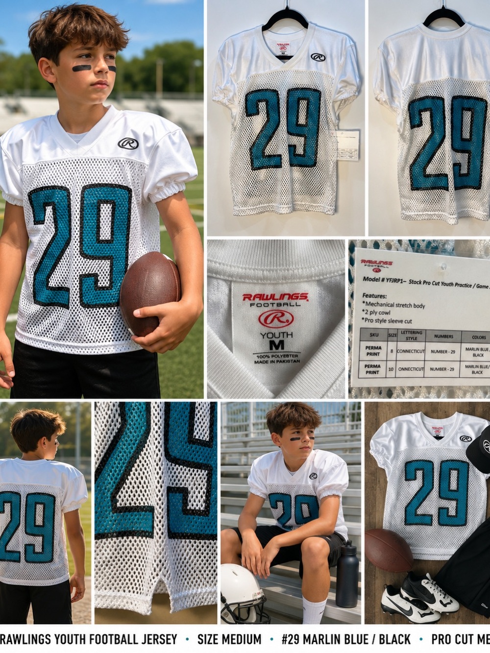 Rawlings Football Jersey Youth Medium #29 White Marlin Blue Black Pro Cut Mesh